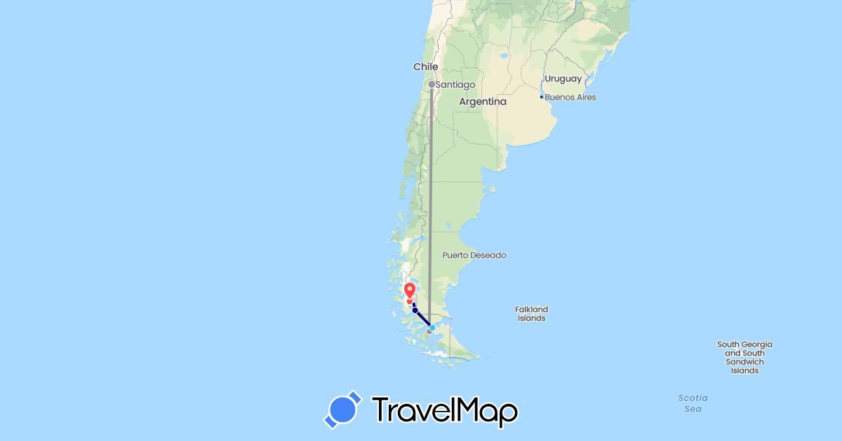 TravelMap itinerary: driving, plane, hiking, boat in Chile (South America)